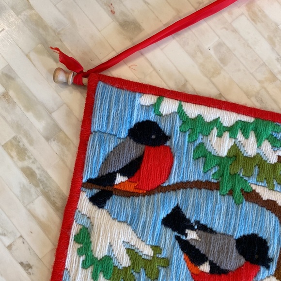 Vintage Scandinavian Hand Crafted Folk Fiber Art Birds on Tree Branches - Picture 3 of 4